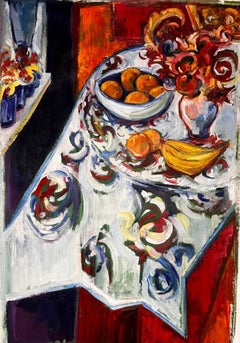 Table with fruits and flowers
