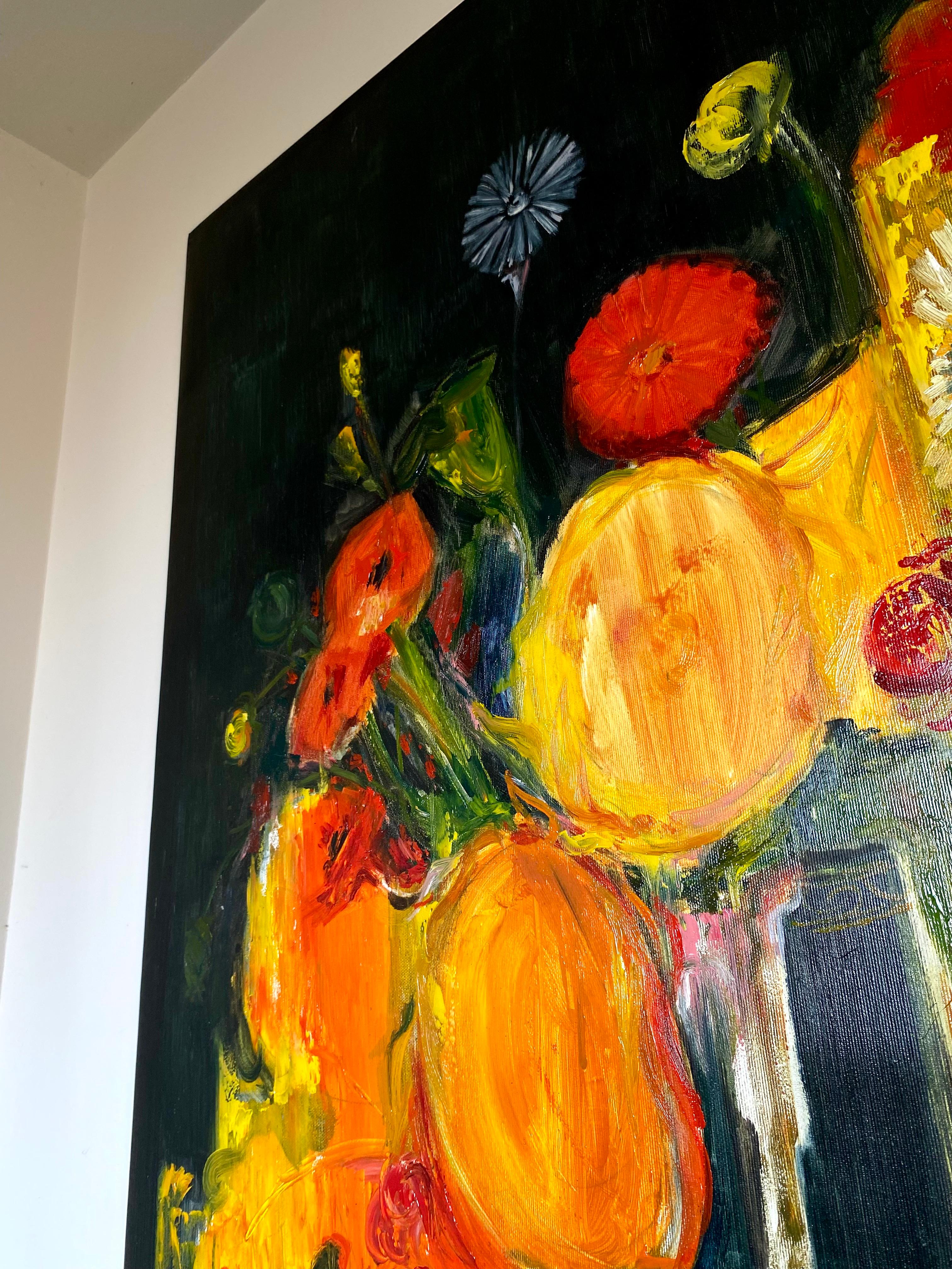 “The Sun Rejoices, Darkness Gives Strength to Bloom” is a still life where flowers seem to be in motion, blending into one another. Sunflowers, carnations, and other plants create a vivid contrast against a deep background, where light and shadow