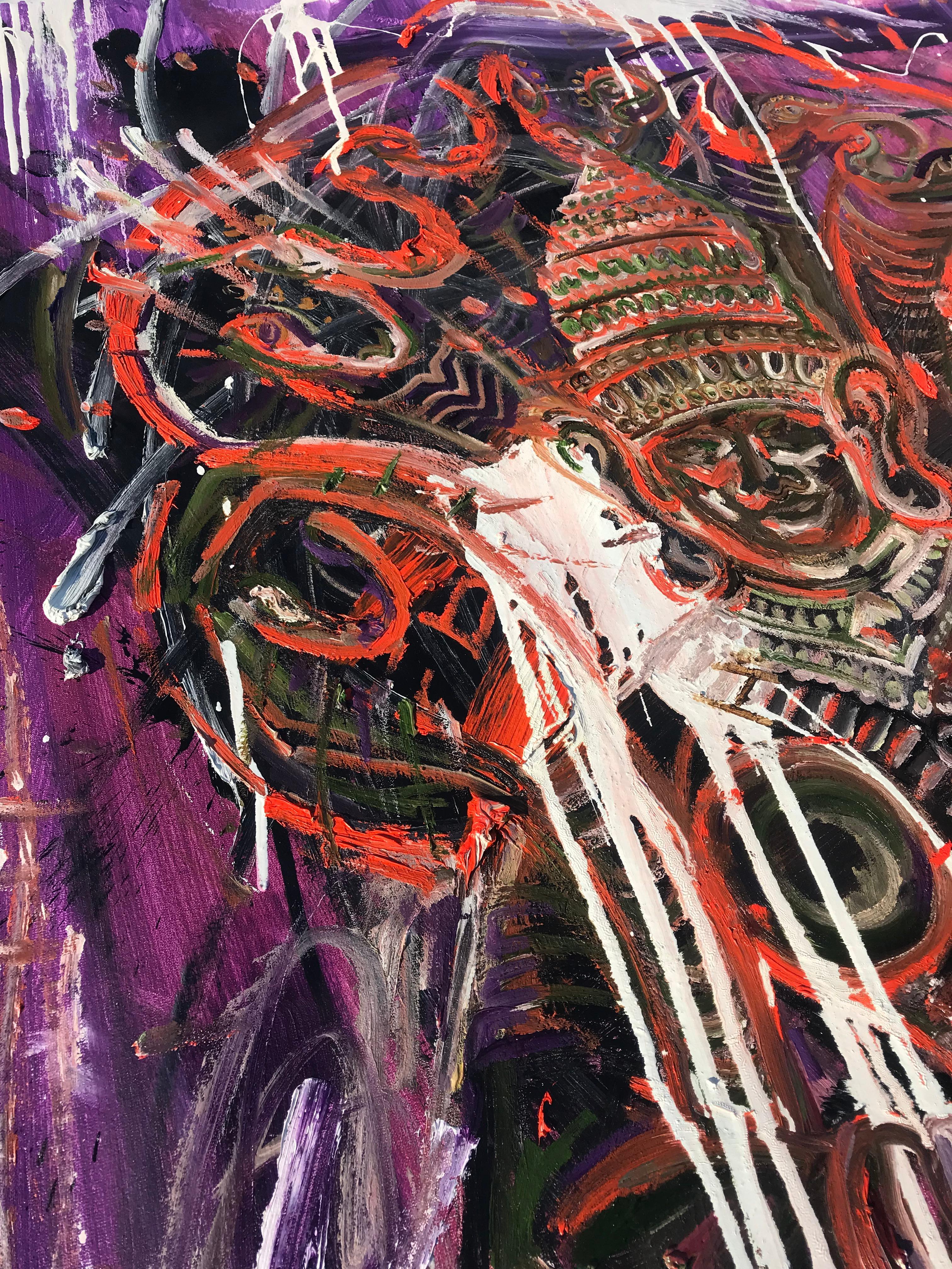 This painting, created in an expressive style, features a depiction of the Indian god of snakes, captured with vibrant colors and dynamic energy. The god is presented in a powerful, commanding stance, adorned with intricate jewelry and traditional