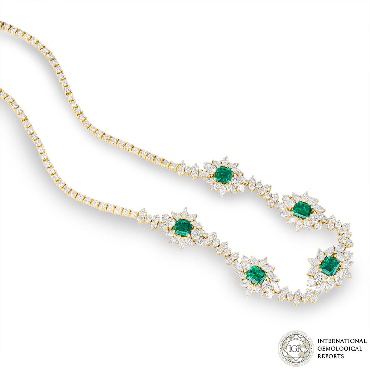 Mixed Cut IGR Certified Yellow Gold Diamond and Columbian Emerald Necklace