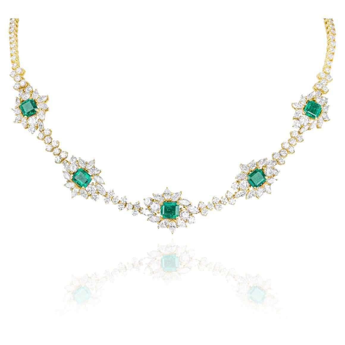 IGR Certified Yellow Gold Diamond and Columbian Emerald Necklace