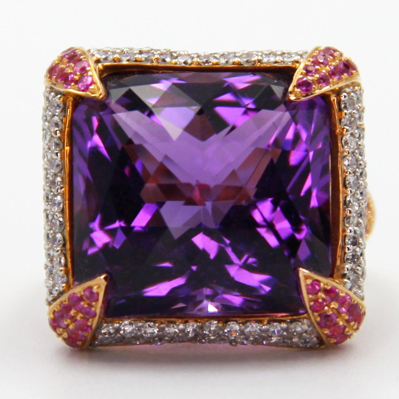 This perfect design is with a huge Amethyst in the middle and surrounded with total of 158 Natural Pink Sapphires and total of 84 Natural Diamonds. 