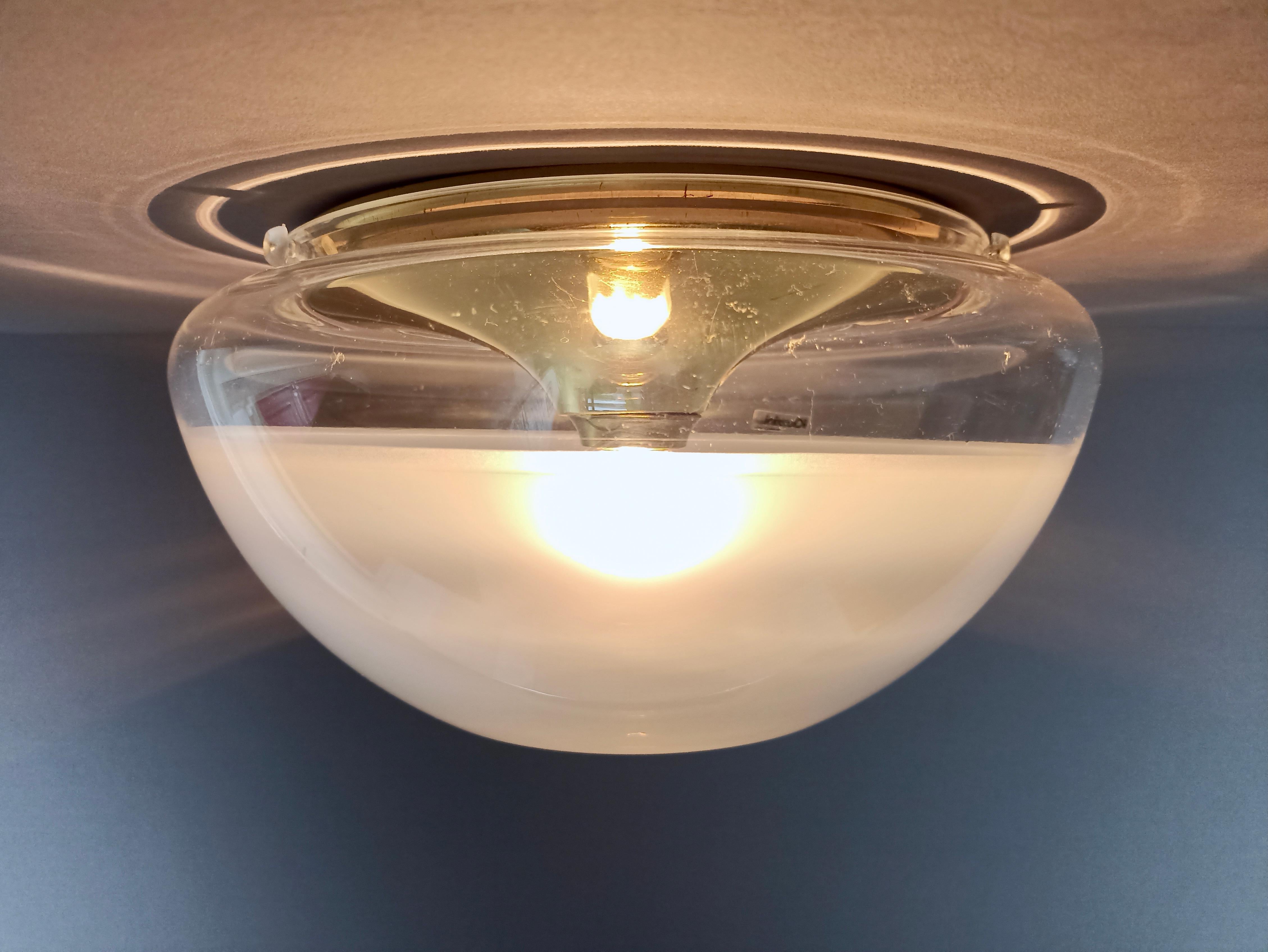 Space Age iGuzzini 1970s rare and original plastic and brass ceiling lamp.  For Sale