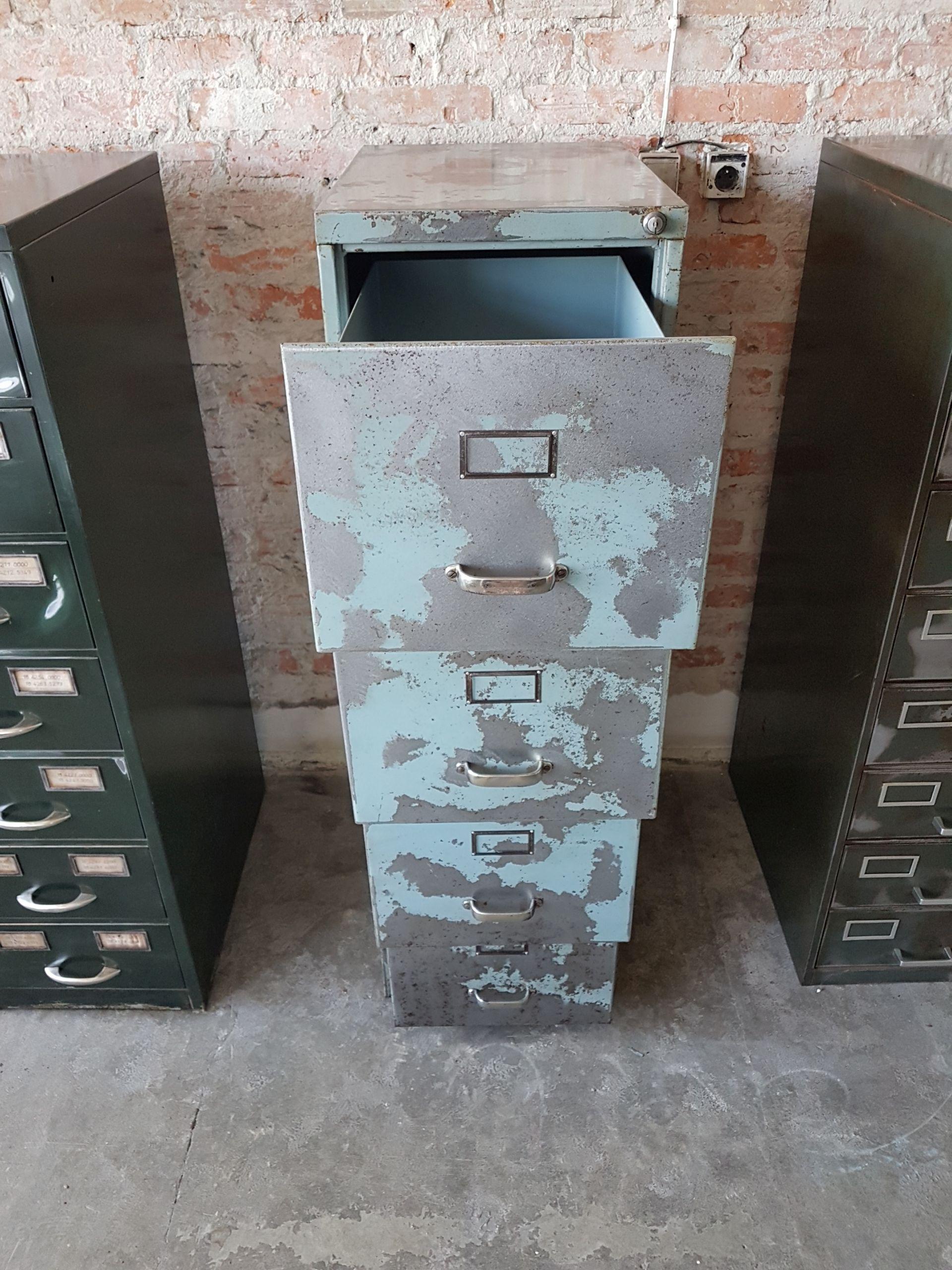 Late 20th Century Industrial Metal Cabinet Steel Lockers Four Cabinets Loft Style Brushed Steel For Sale