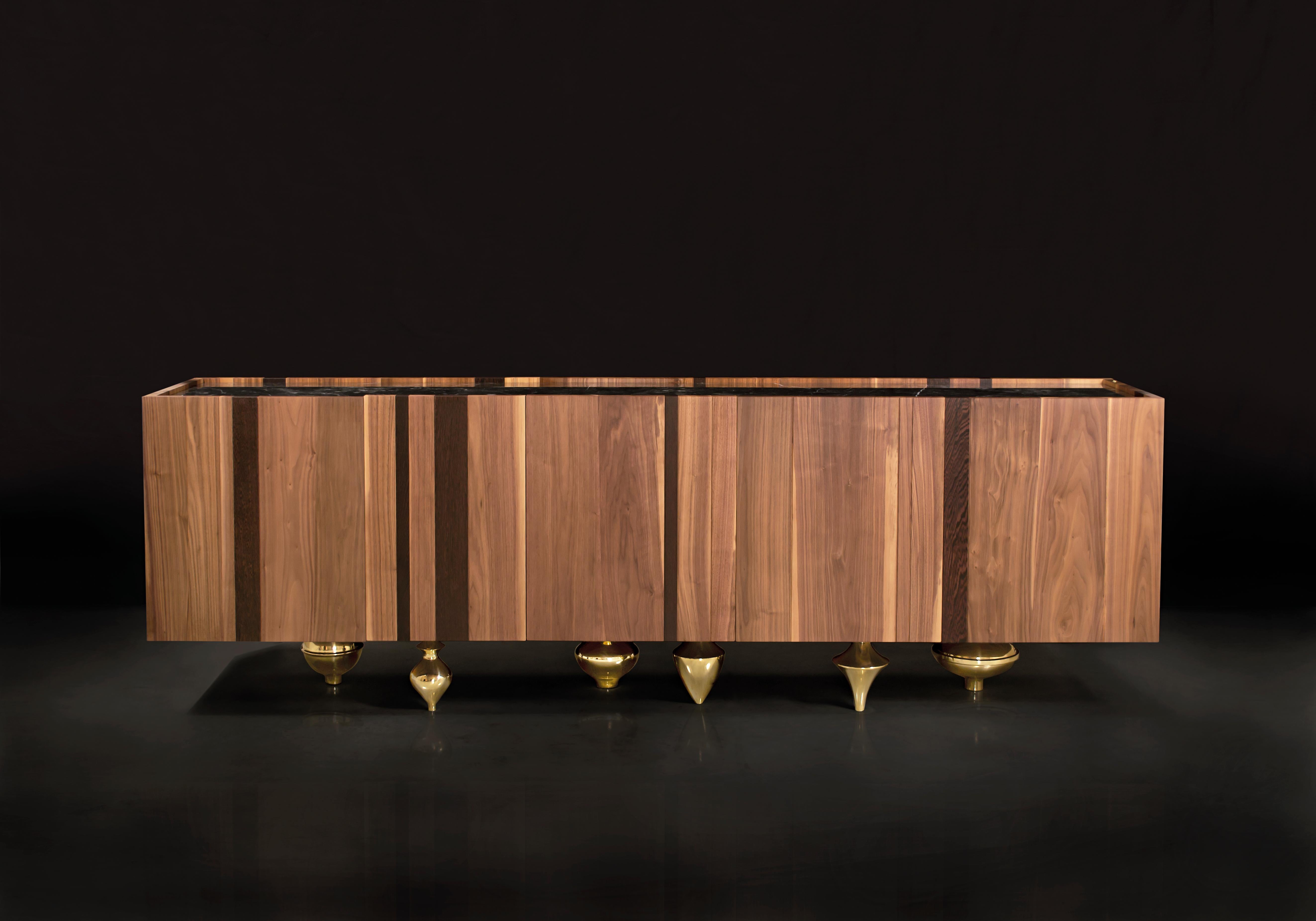 Other II Pezzo Credenza 1 in Wood, Brass and Marble For Sale