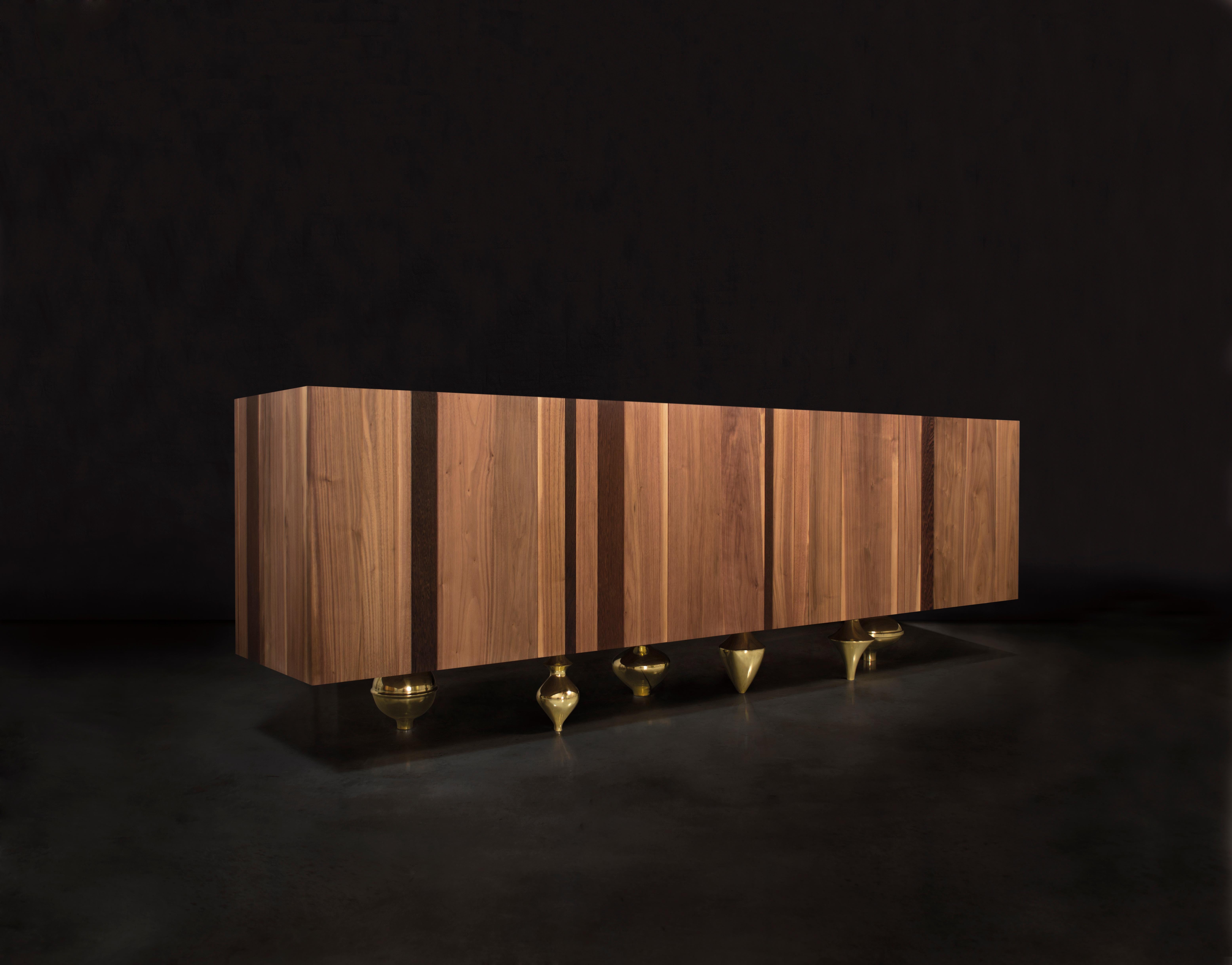 Italian II Pezzo Credenza 1 in Wood, Brass and Marble For Sale