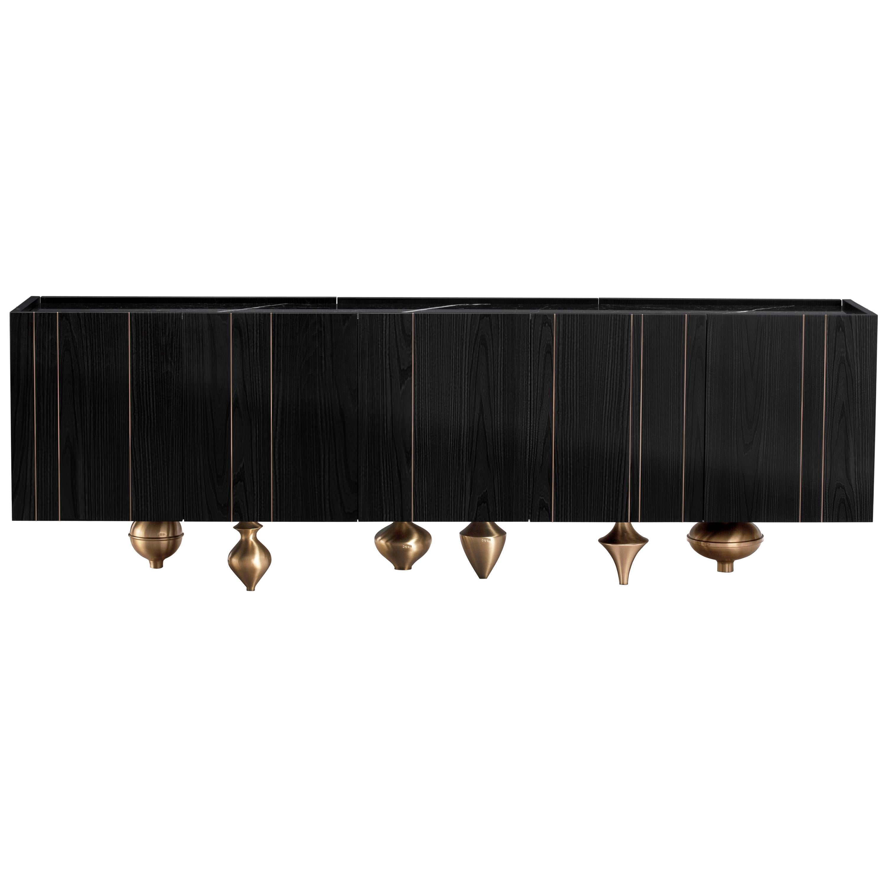 II Pezzo "Credenza" 1 Sideboard in Black Stained Ash, Brass and Marquinia Marble For Sale
