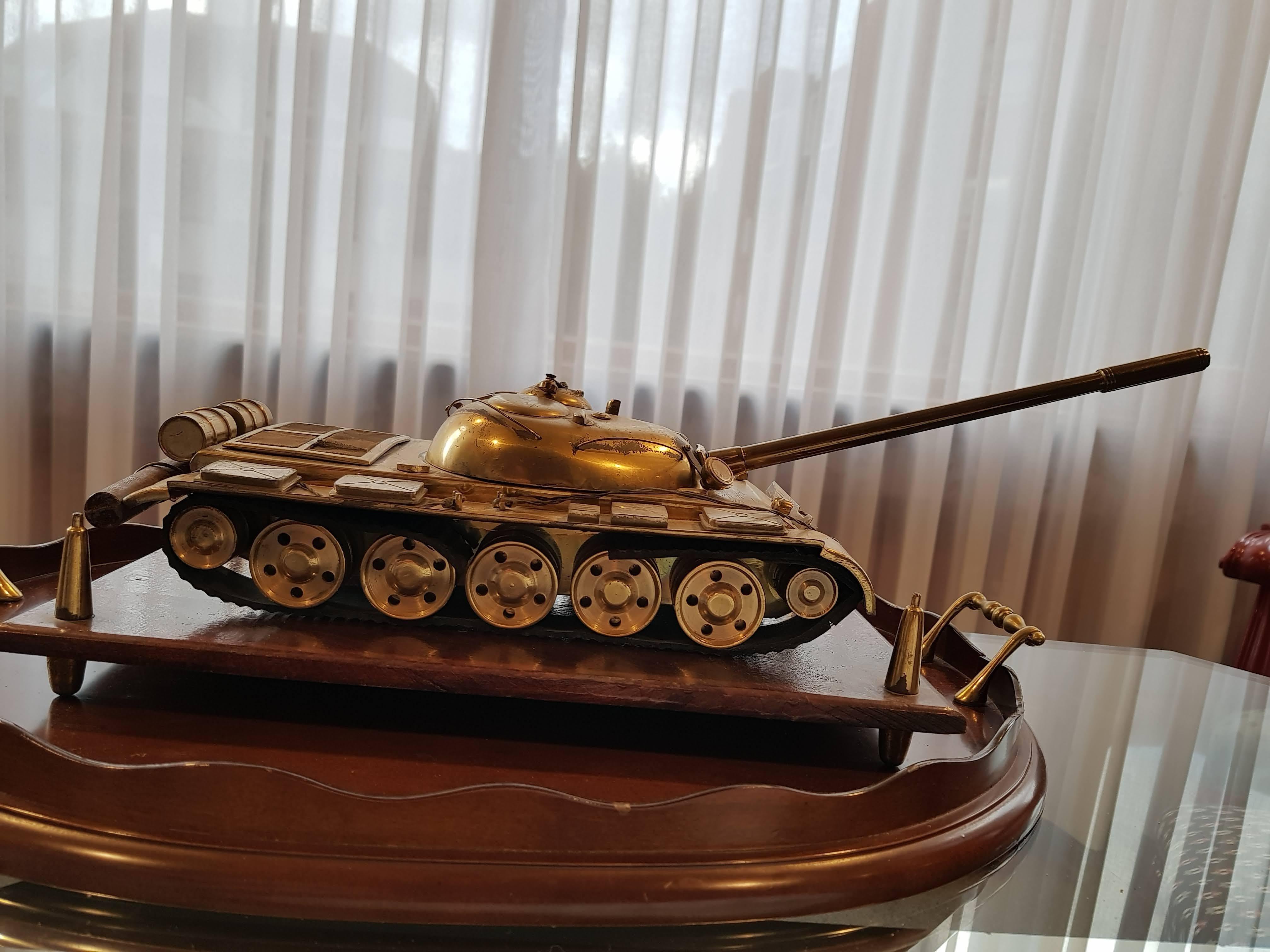 Art Deco II World War Russian Tank in Brass, Wood and Rubber For Sale
