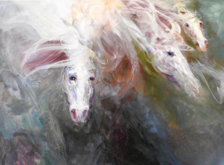 Iii Horses Diving Into Matter Oil Painting In Deep Vivid Earth