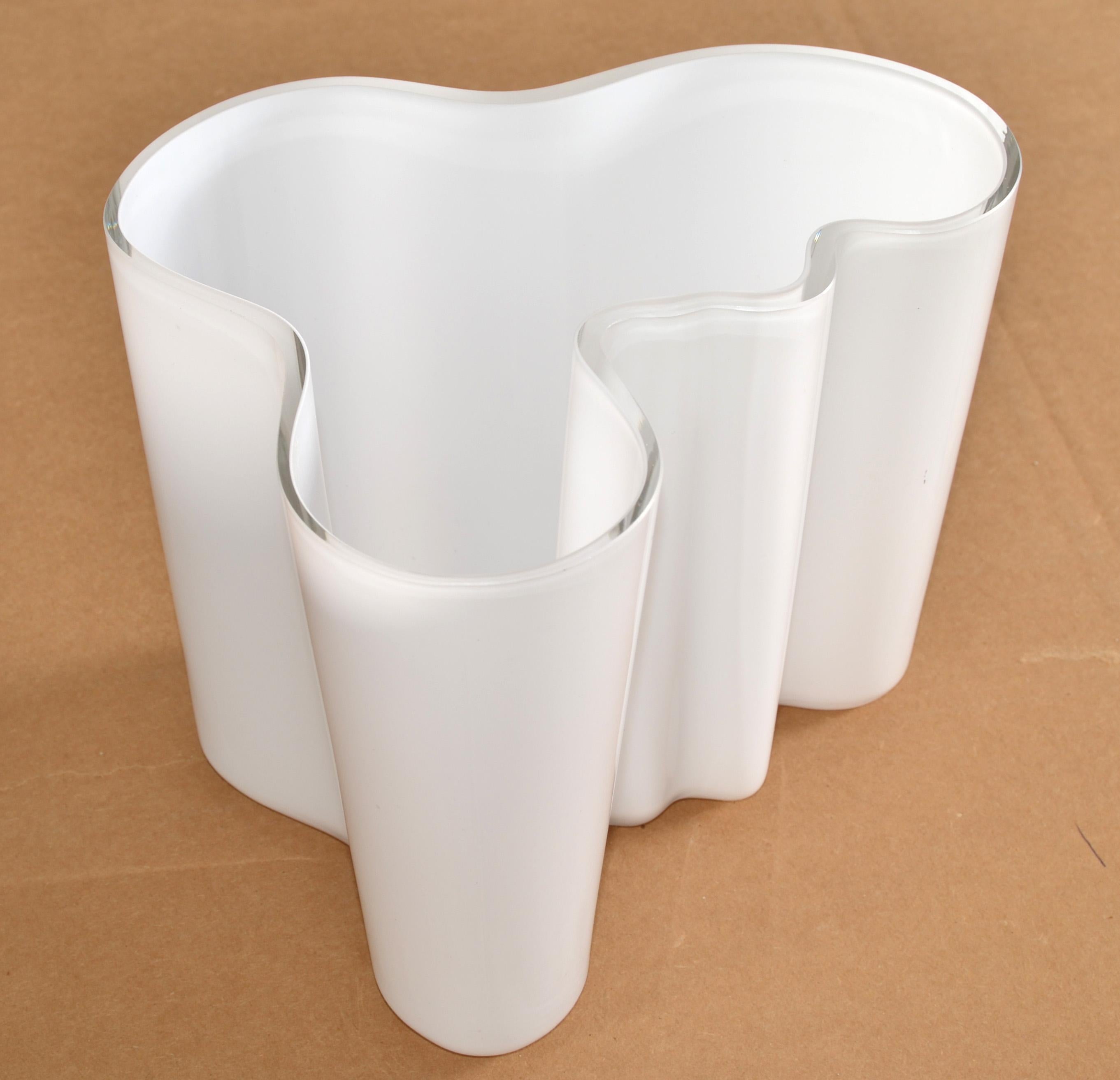 Swedish Iittala Alvar Aalto Model 3030 White Encased Glass Sculptural Flower Vase Bowl  For Sale
