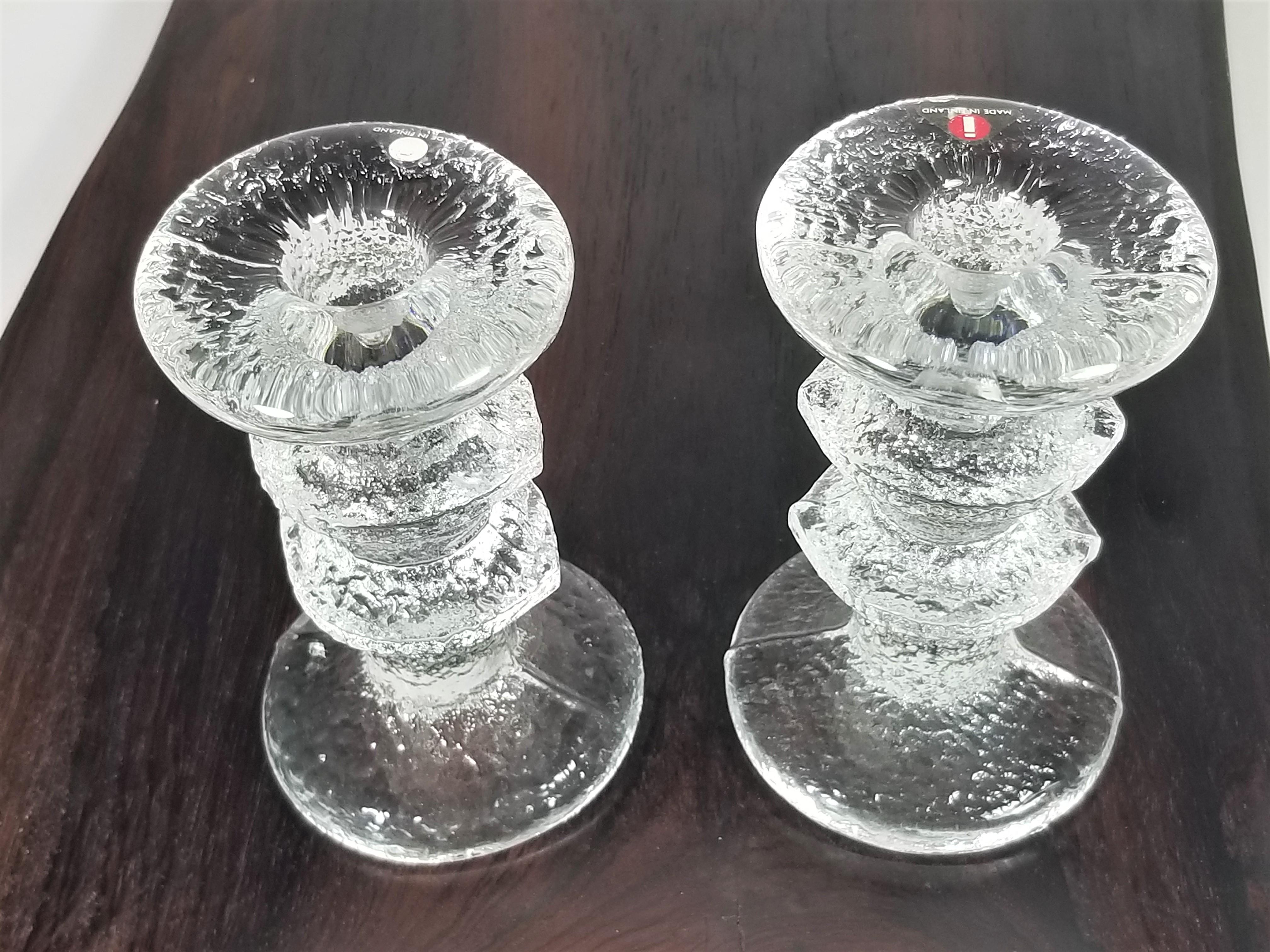20th Century Iittala Finland Midcentury Pair of Glass Candleholders For Sale