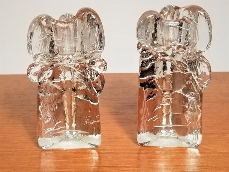 Mid-Century Modern Iittala, Finland Pair of Art Glass Candleholders For Sale
