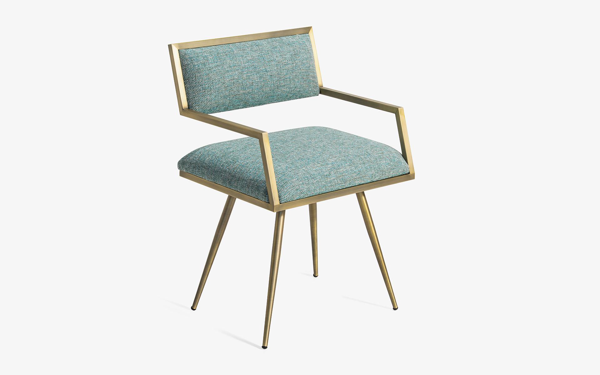 Turkish Ika Dining Chair Brass Plated Metal Skeleton in Blue Fabric For Sale