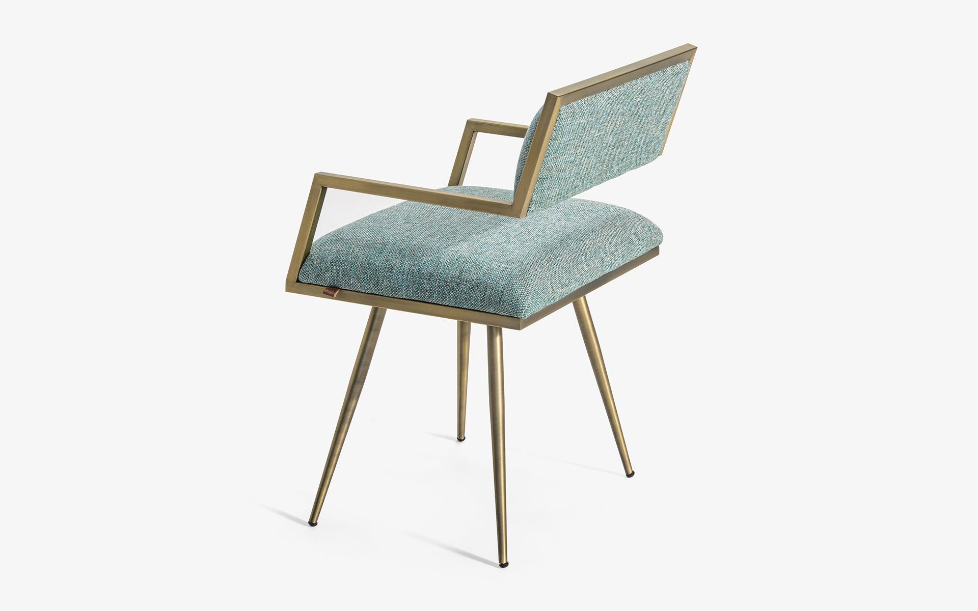 Metalwork Ika Dining Chair Brass Plated Metal Skeleton in Blue Fabric For Sale