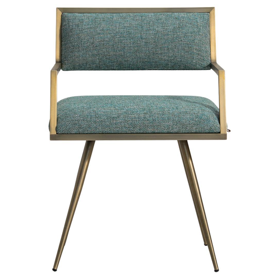 Ika Dining Chair Brass Plated Metal Skeleton in Blue Fabric For Sale