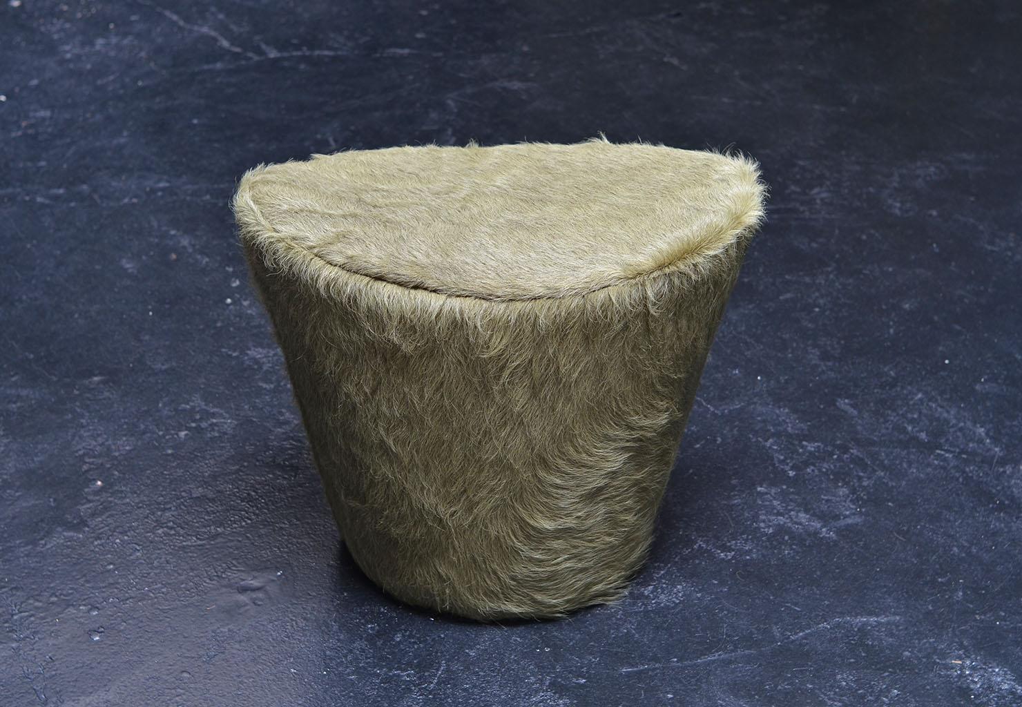 Greek Ikaros Cowhide Footstool, Upholstered Curvilinear Stool, Handmade For Sale