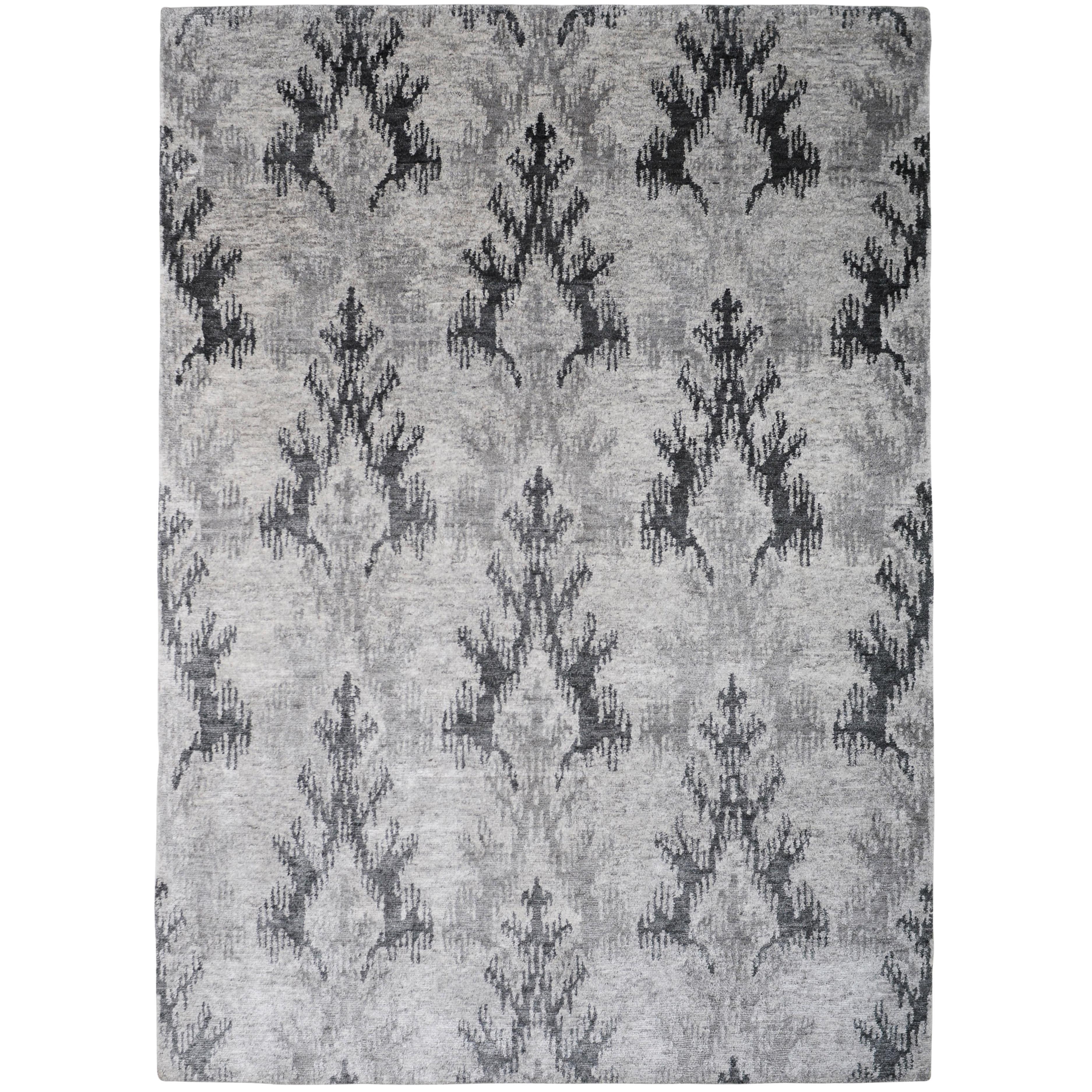Ikat Bamboo Charcoal Hand-Knotted 10x8 Rug in Silk by The Rug Company For Sale