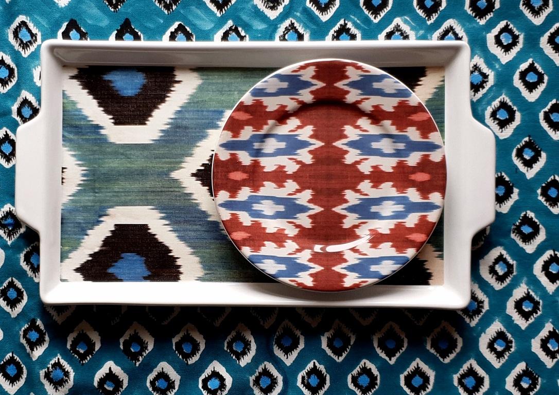 Italian Ikat Blue and Green Handmade Ceramic Tray Made in Italy For Sale