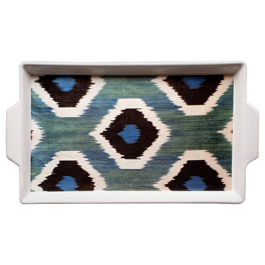 Ikat Blue and Green Handmade Ceramic Tray Made in Italy For Sale