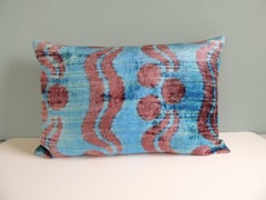 Ikat Blue and Pink Decorative Bolster Pillow with Hot Pink Linen Backing