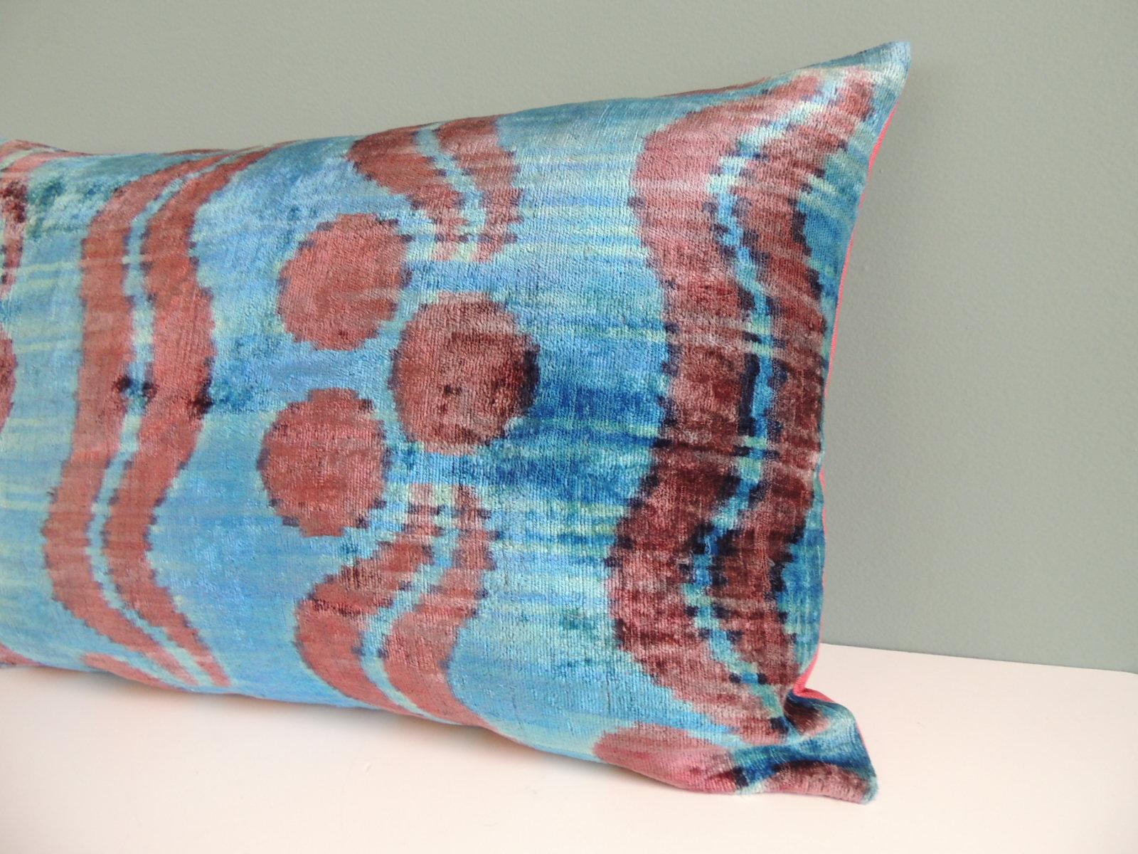 Moorish Ikat Blue and Pink Decorative Bolster Pillow with Hot Pink Linen Backing