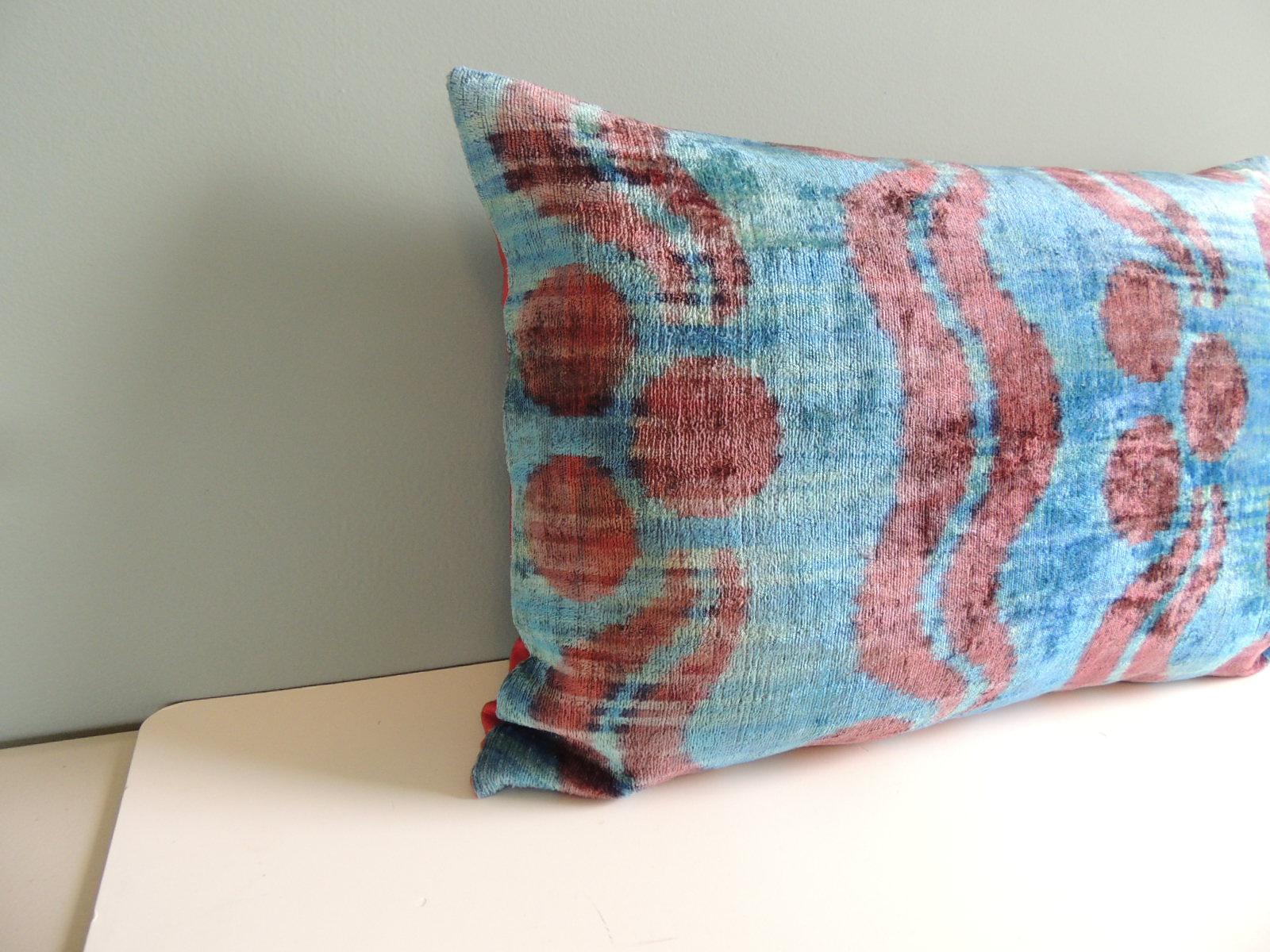 Uzbek Ikat Blue and Pink Decorative Bolster Pillow with Hot Pink Linen Backing