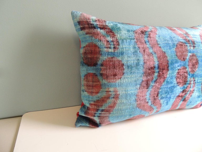 Ikat Blue and Pink Decorative Bolster Pillow with Hot Pink Linen