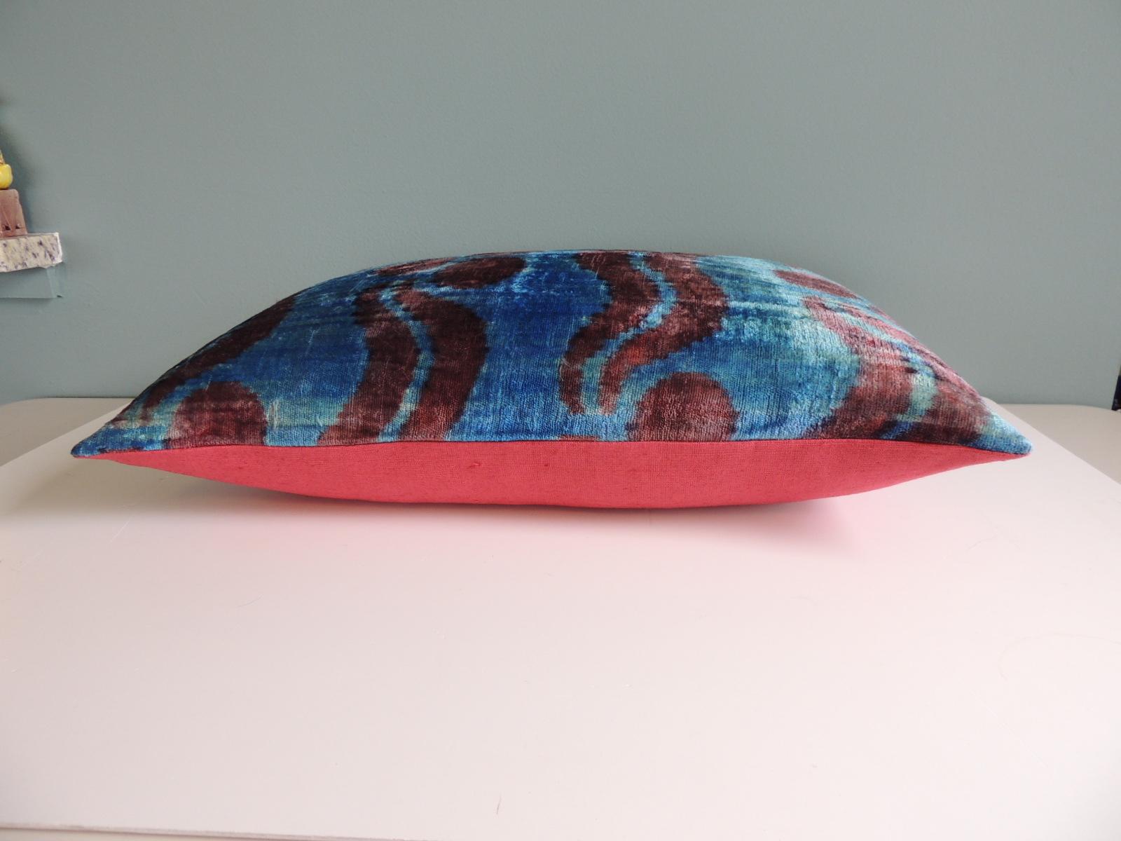 Hand-Crafted Ikat Blue and Pink Decorative Bolster Pillow with Hot Pink Linen Backing
