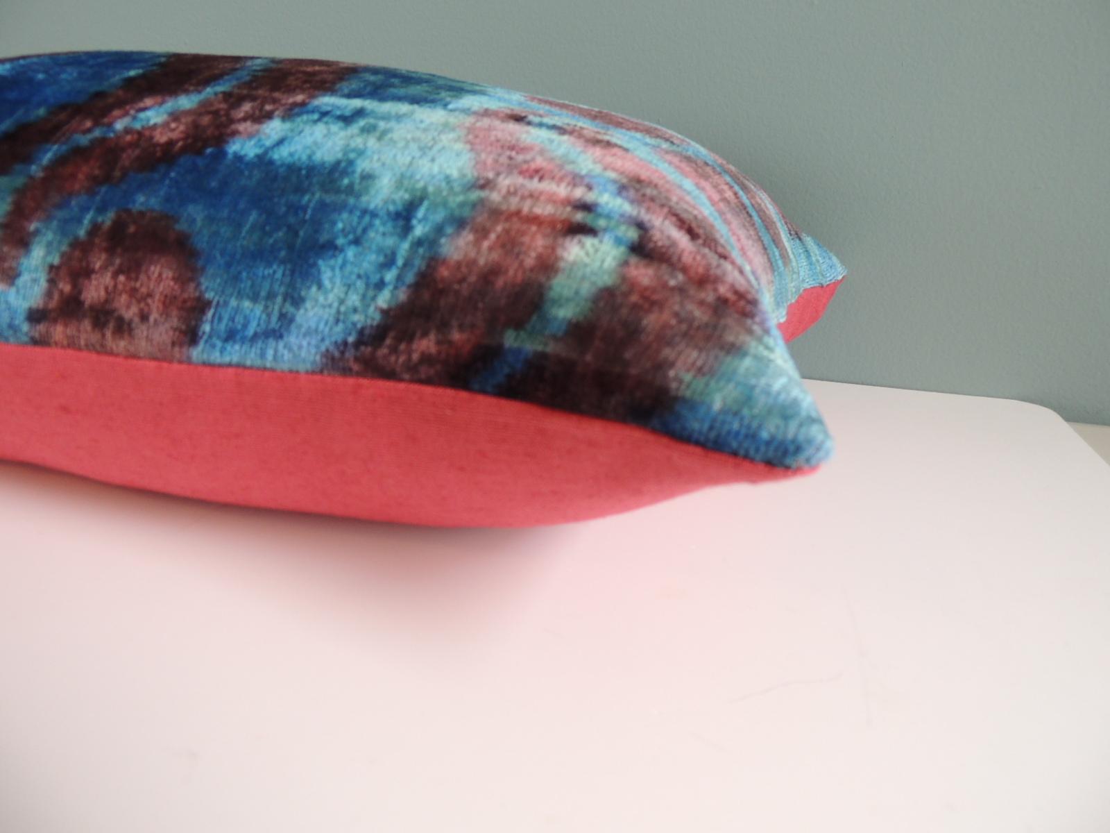 Ikat Blue and Pink Decorative Bolster Pillow with Hot Pink Linen Backing In Good Condition In Oakland Park, FL
