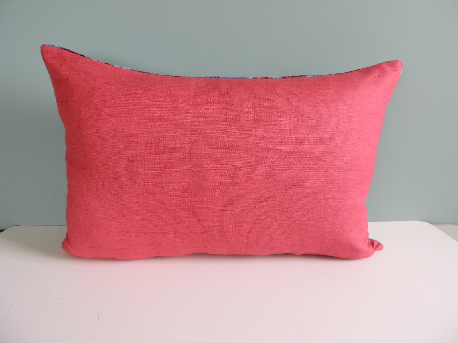 Late 20th Century Ikat Blue and Pink Decorative Bolster Pillow with Hot Pink Linen Backing
