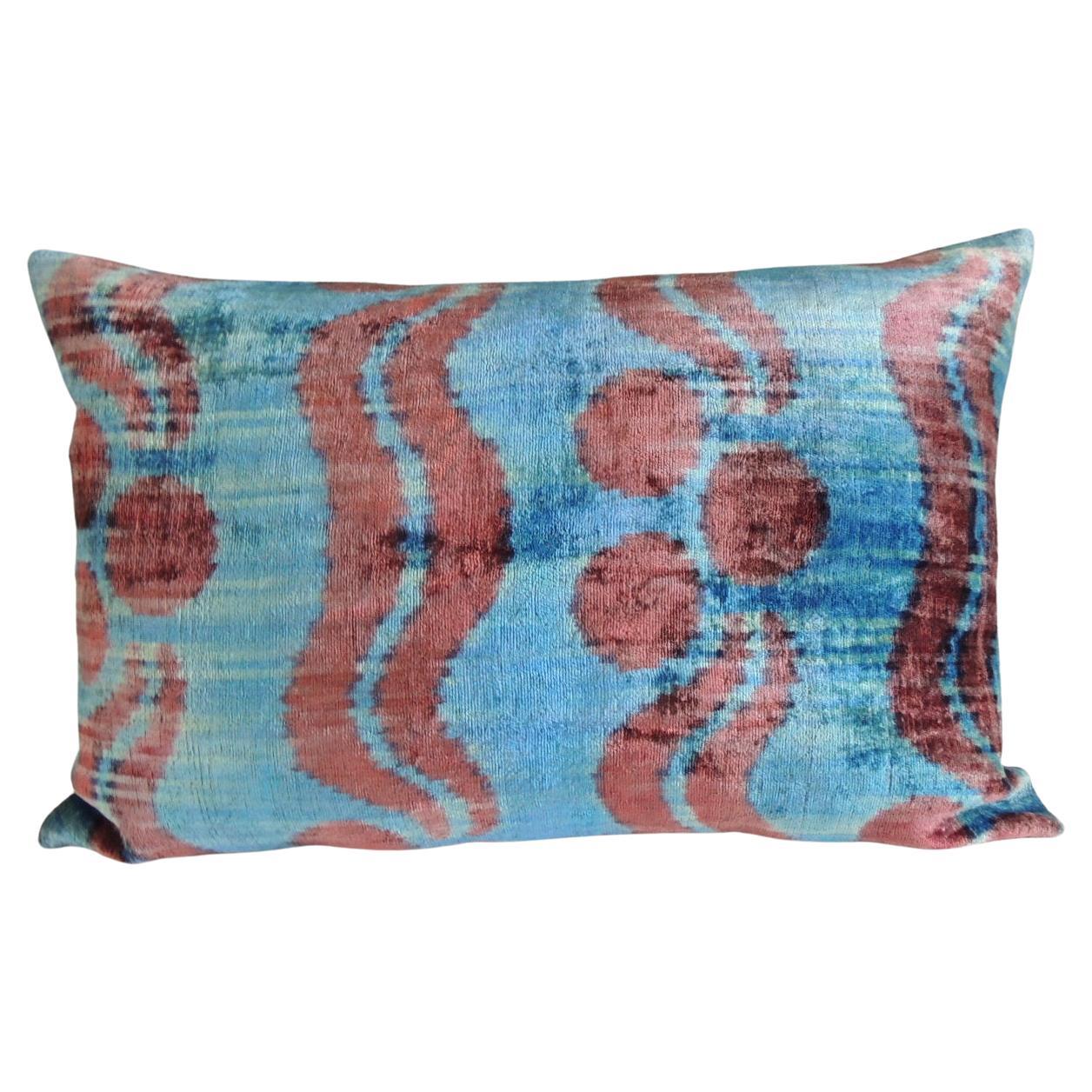 Ikat Blue and Pink Decorative Bolster Pillow with Hot Pink Linen Backing