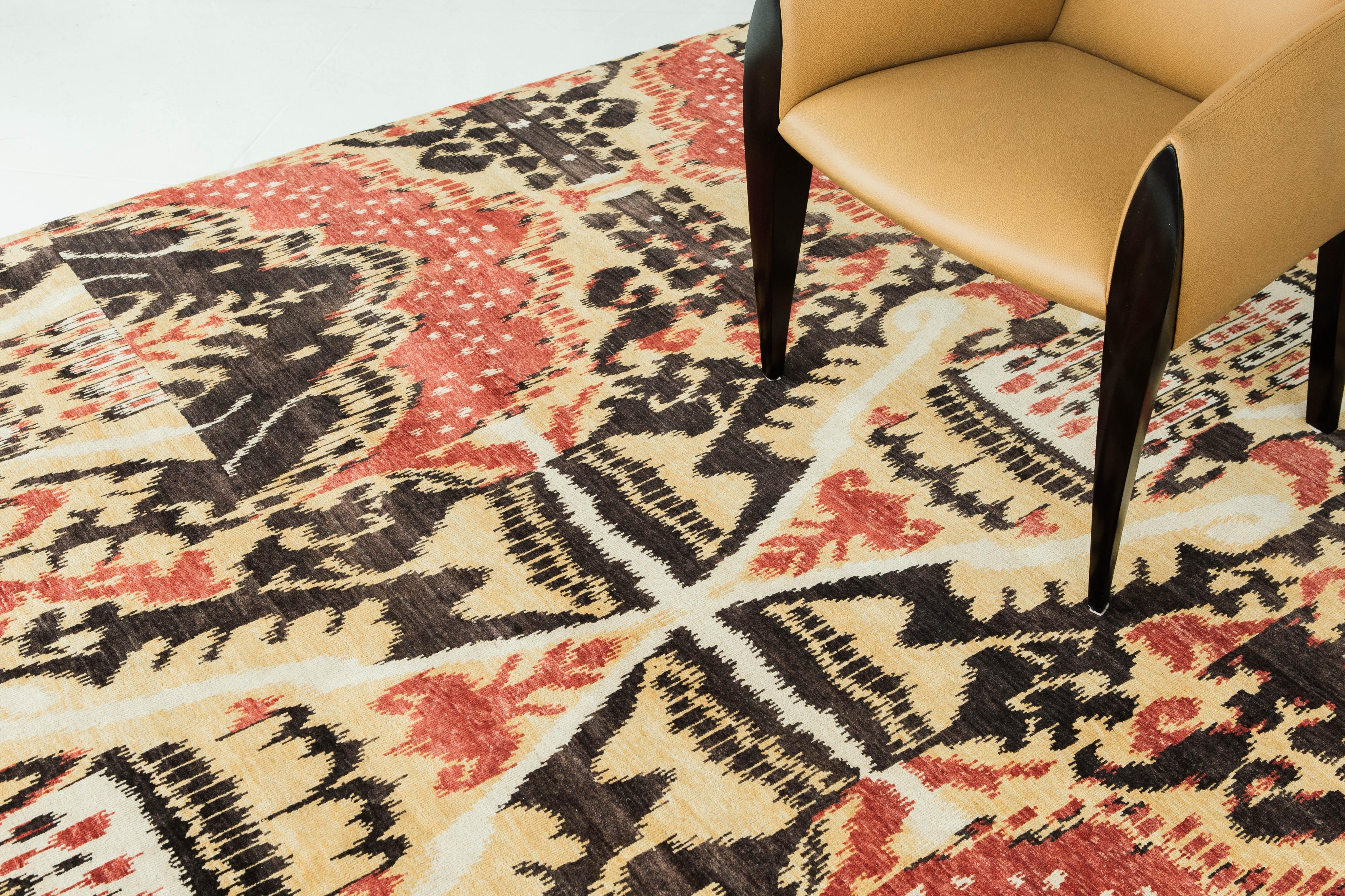A lively Ikat design rug in lustrous gold, cherry red, black, and ivory. This wool pile weave is both playful yet sophisticated and will elevate any design space. 


Rug number: 19200
Size: 8' 11