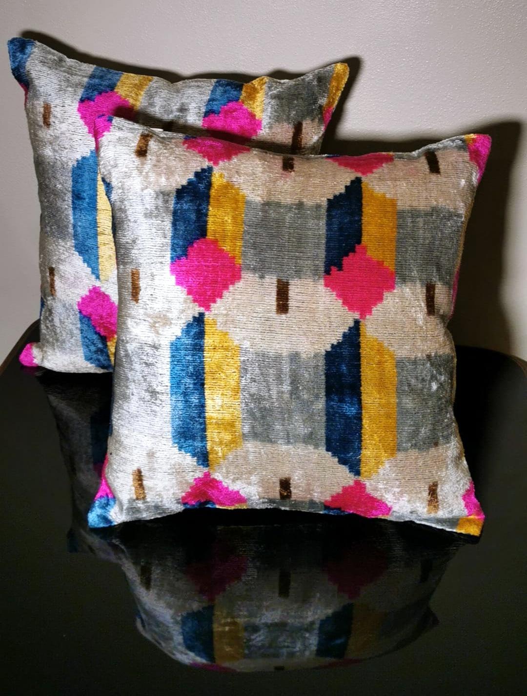 Modern Ikat Fabric Pair Handmade Pillows In Uzbekistan