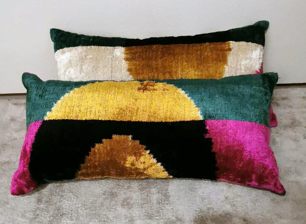 Modern Ikat Fabric Pair Handmade Pillows In Uzbekistan For Sale