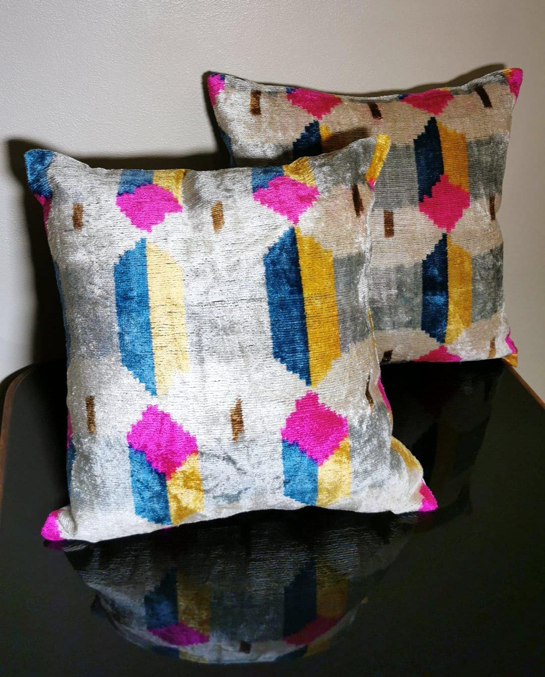 Contemporary Ikat Fabric Pair Handmade Pillows In Uzbekistan