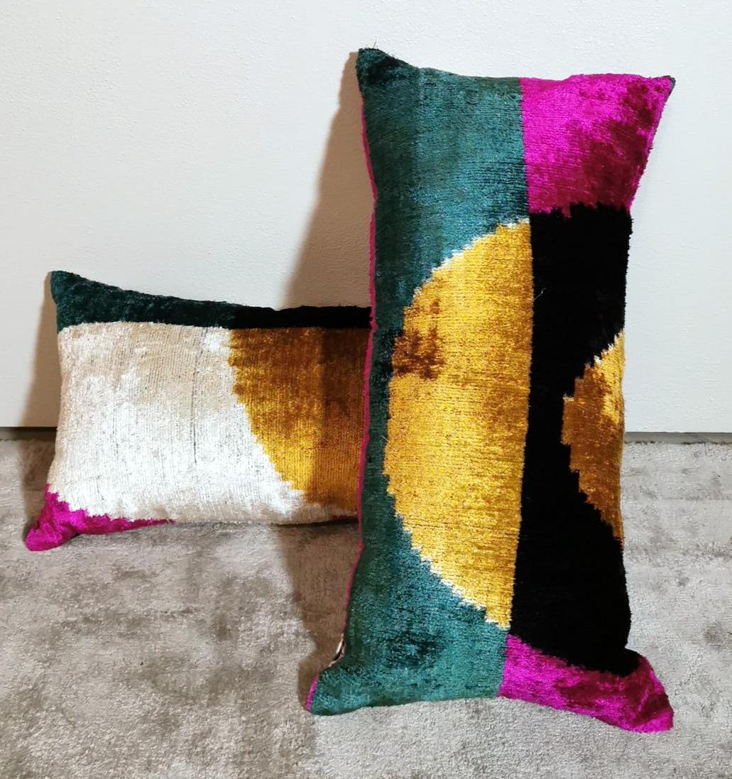 Contemporary Ikat Fabric Pair Handmade Pillows In Uzbekistan For Sale