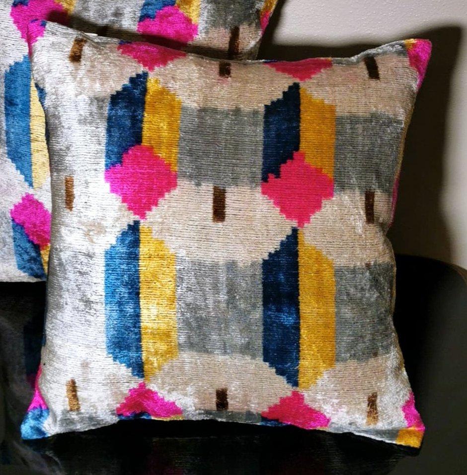 Silk Ikat Fabric Pair Handmade Pillows In Uzbekistan