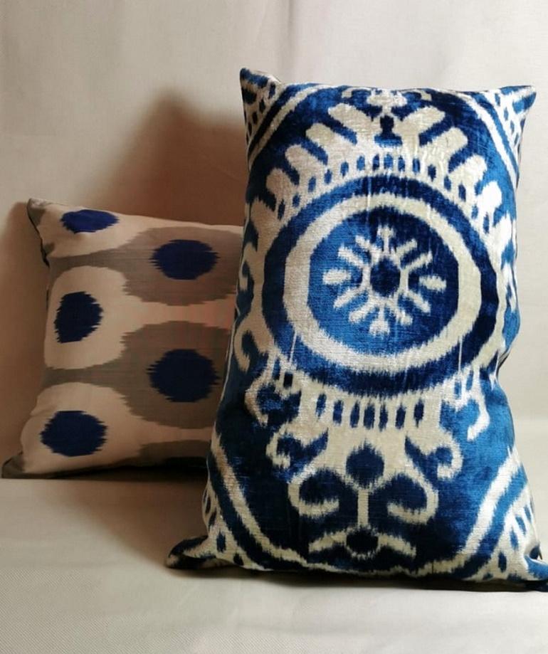 Silk Ikat Fabric Pair Handmade Pillows in Uzbekistan