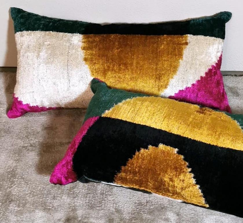 Silk Ikat Fabric Pair Handmade Pillows In Uzbekistan For Sale