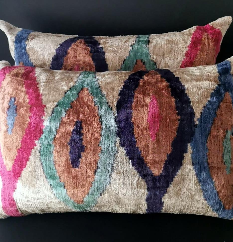 Ikat Fabric Pair of Handmade Pillows In Uzbekistan For Sale 3