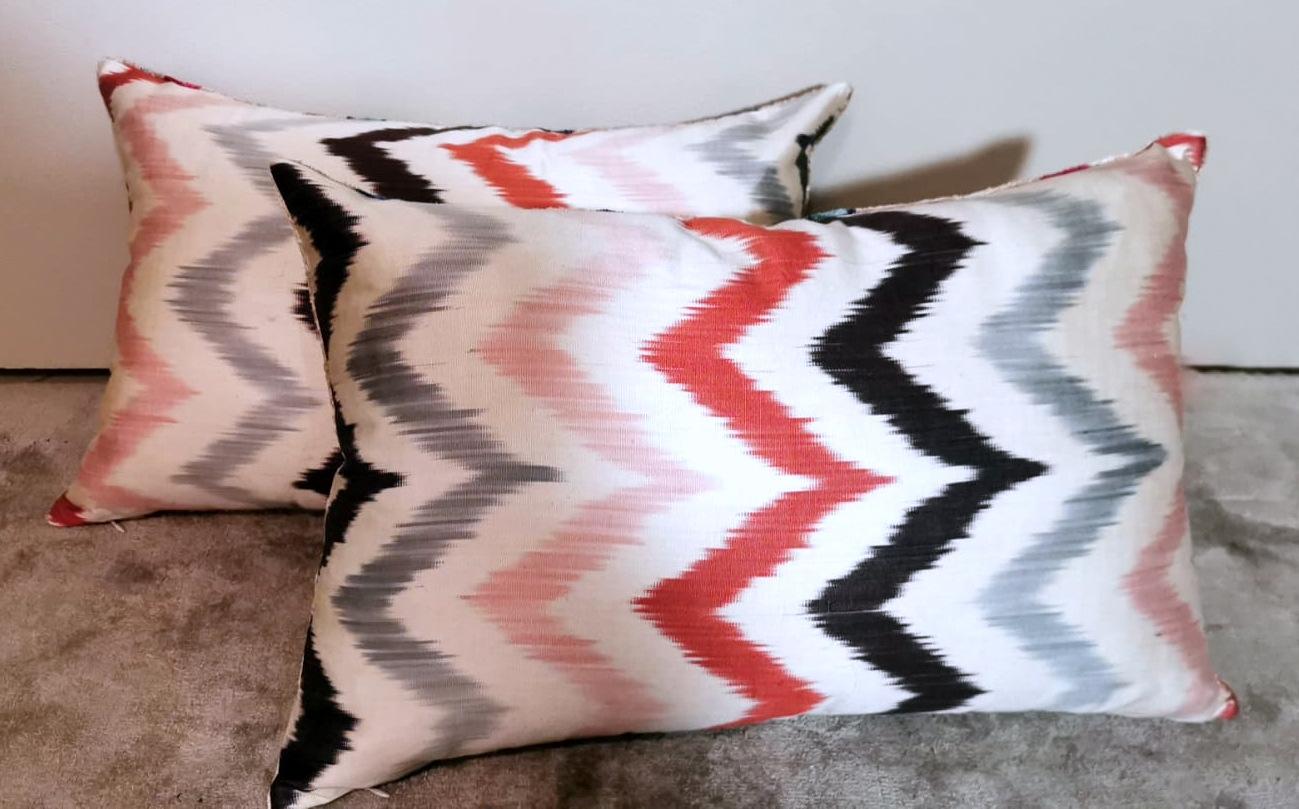 Ikat Fabric Pair of Handmade Pillows In Uzbekistan For Sale 7