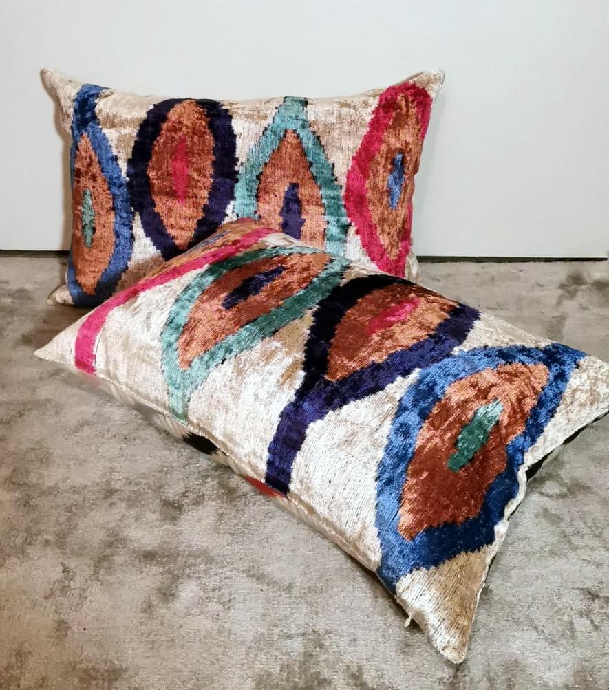 Modern Ikat Fabric Pair of Handmade Pillows In Uzbekistan For Sale