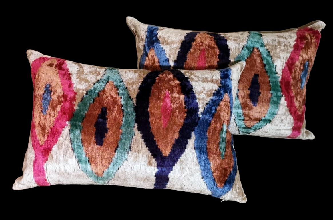 Hand-Crafted Ikat Fabric Pair of Handmade Pillows In Uzbekistan For Sale
