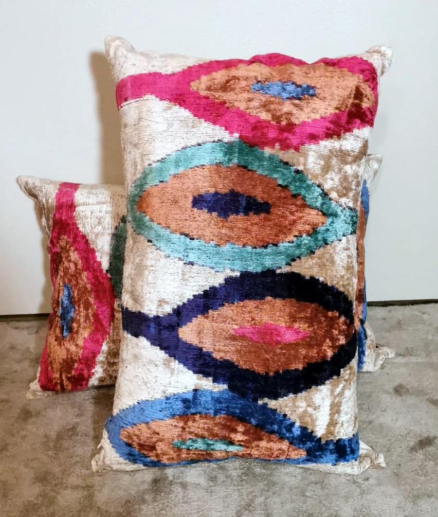 Contemporary Ikat Fabric Pair of Handmade Pillows In Uzbekistan For Sale