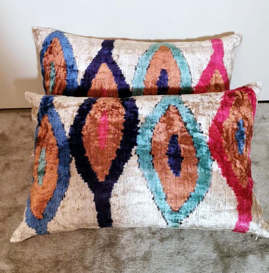 Silk Ikat Fabric Pair of Handmade Pillows In Uzbekistan For Sale