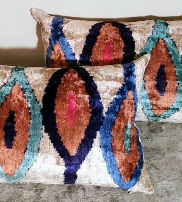 Ikat Fabric Pair of Handmade Pillows In Uzbekistan For Sale 2