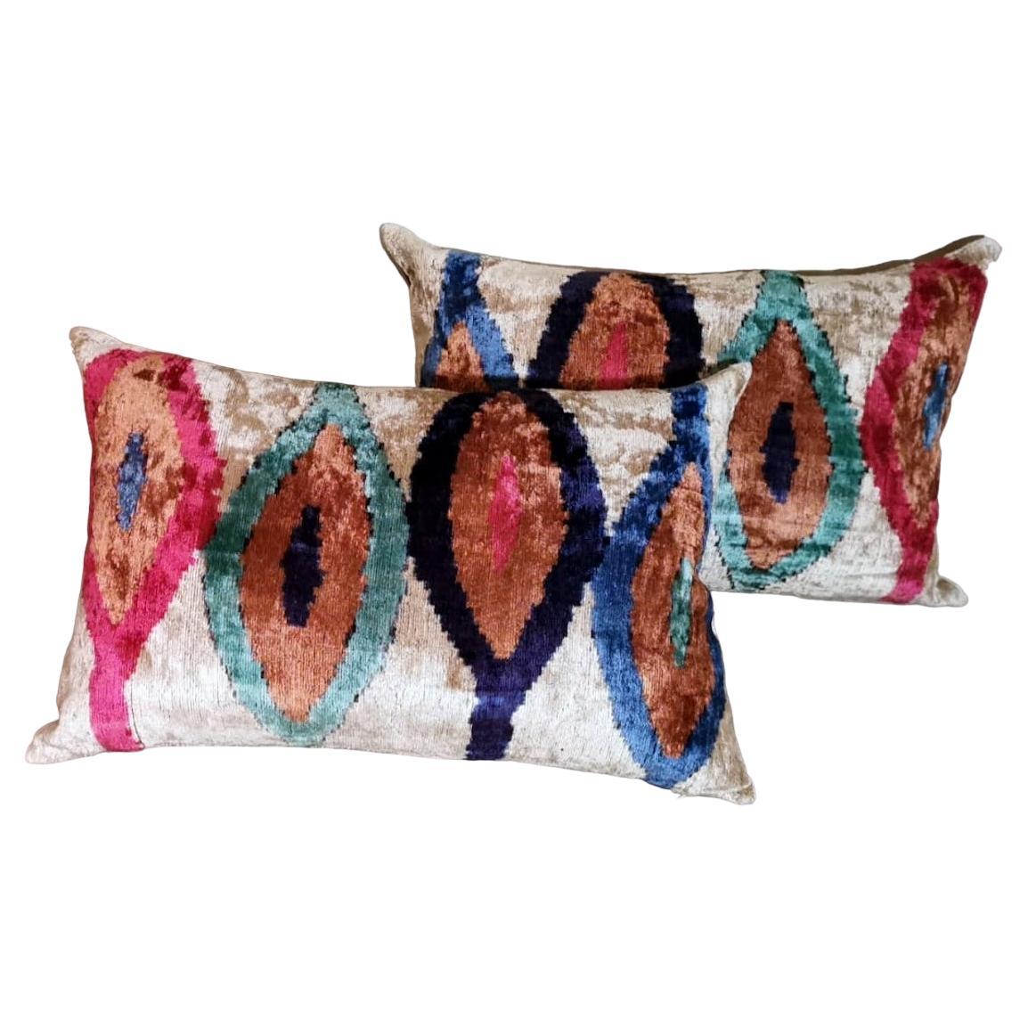 Ikat Fabric Pair of Handmade Pillows In Uzbekistan For Sale
