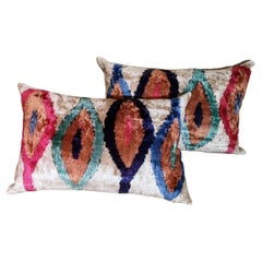 Vintage Ikat Fabric Pair of Handmade Pillows In Uzbekistan