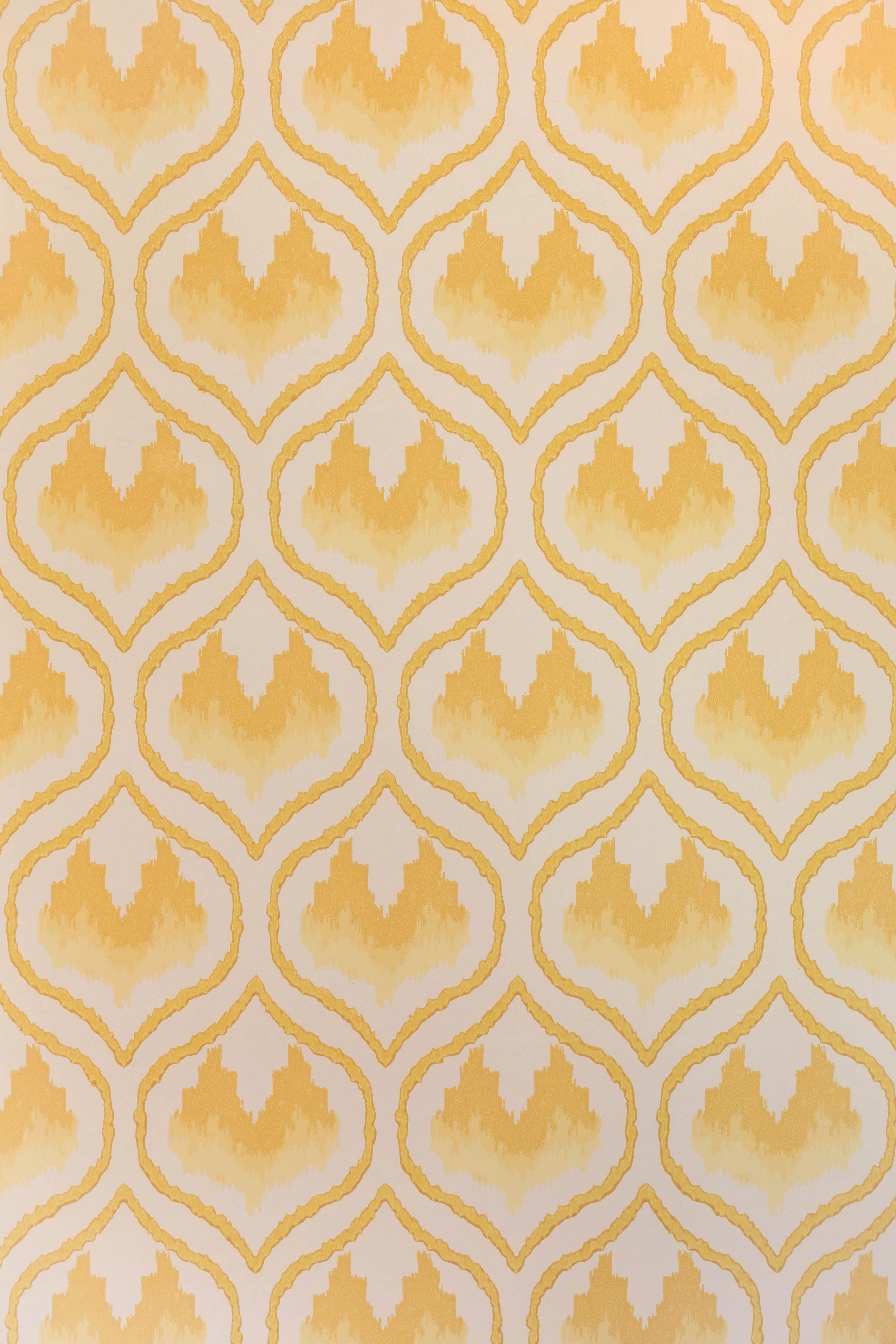 British 'Ikat Heart' Contemporary, Traditional Wallpaper in Mustard For Sale