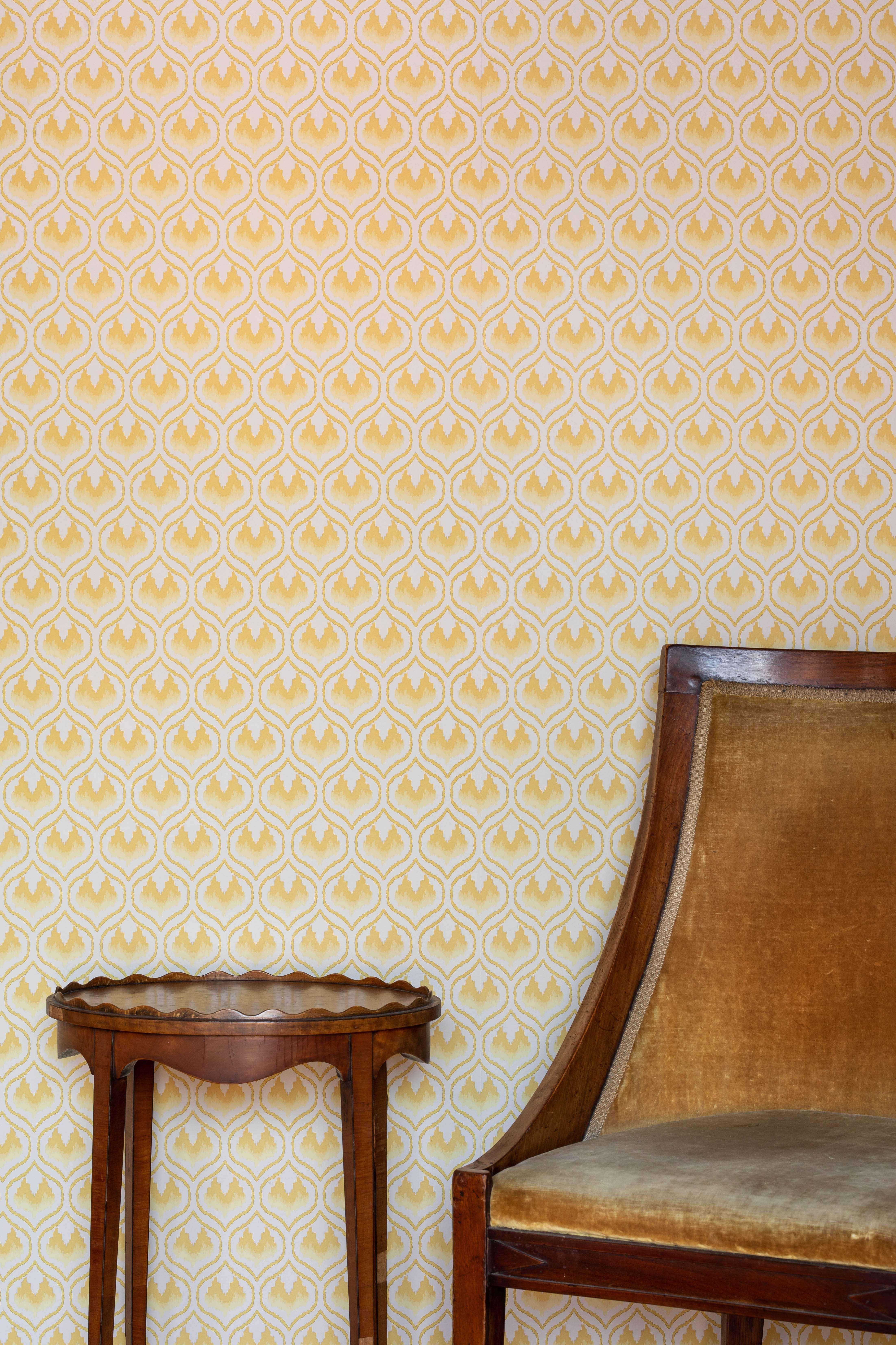Paper 'Ikat Heart' Contemporary, Traditional Wallpaper in Mustard For Sale